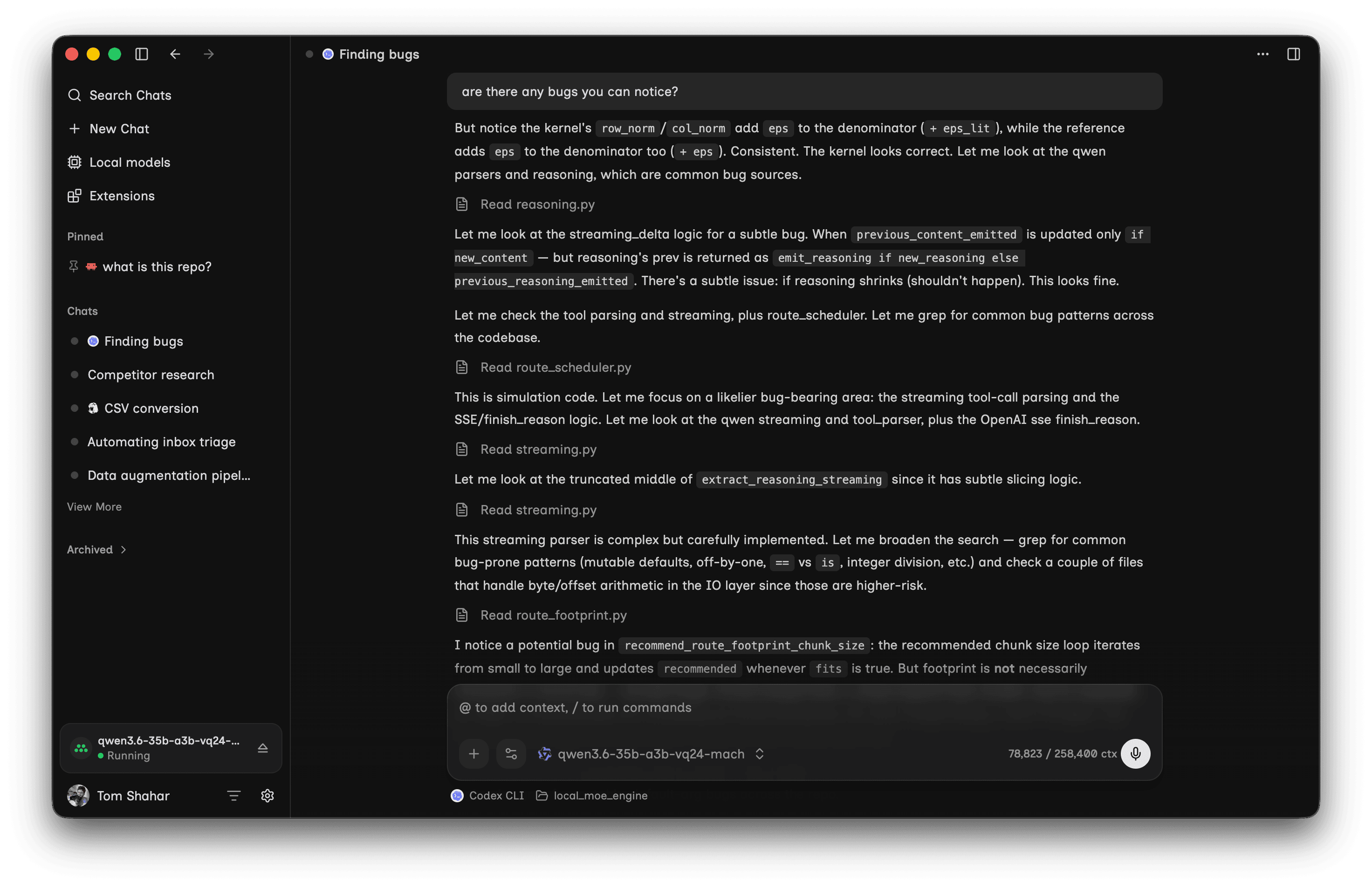 The Maniac desktop app running a long agent task on a local model.