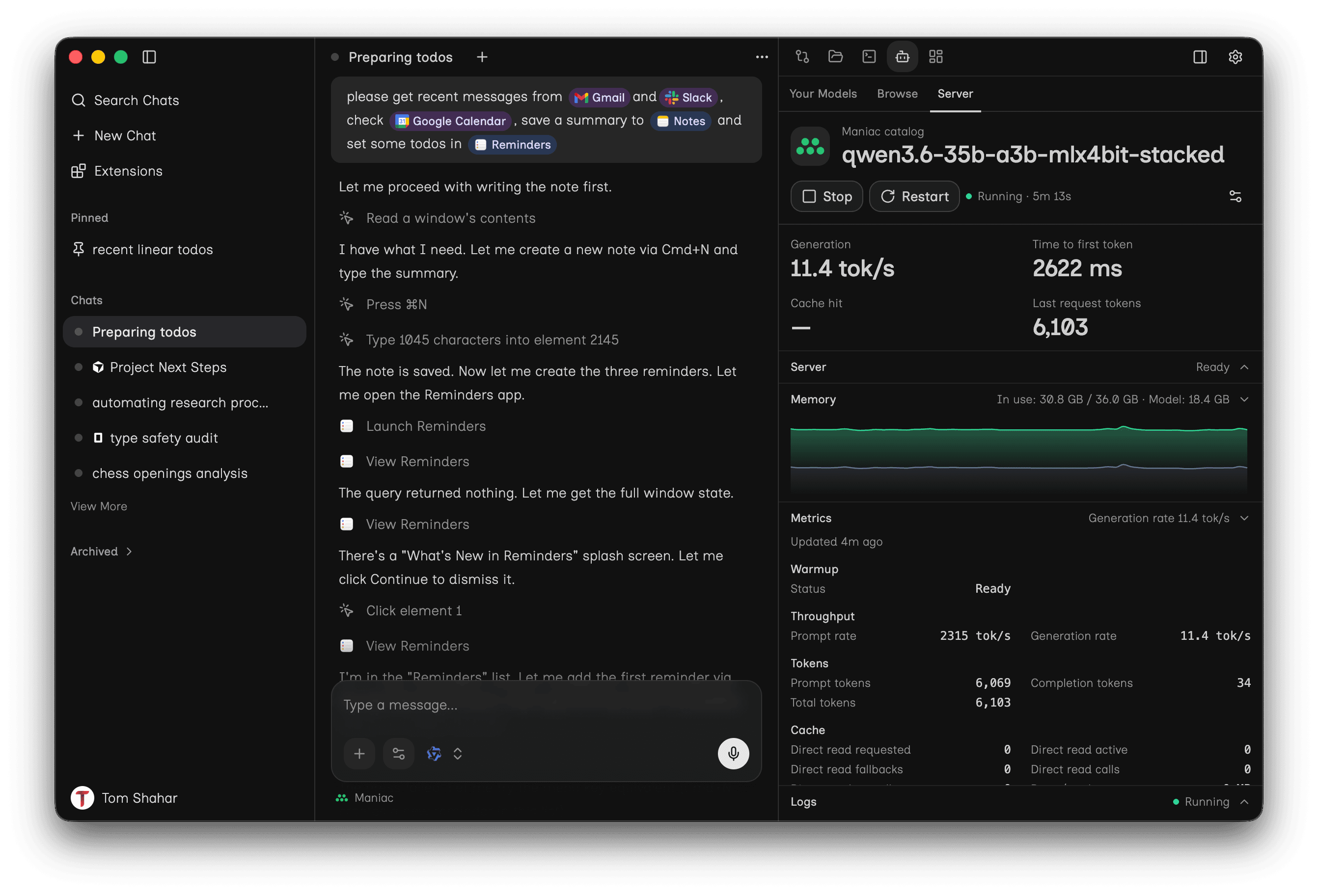 The Maniac desktop app running a local model, with a chat using Gmail, Slack, Calendar and Notes alongside a live local inference server panel.