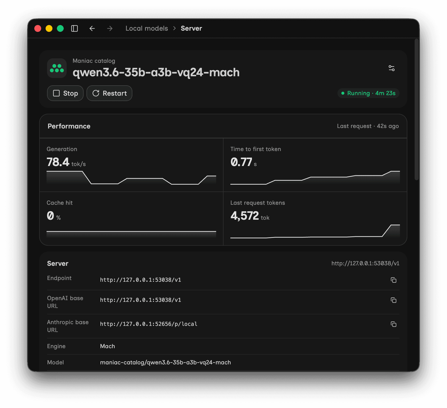 Maniac's built-in local inference server panel, serving an open model on-device.