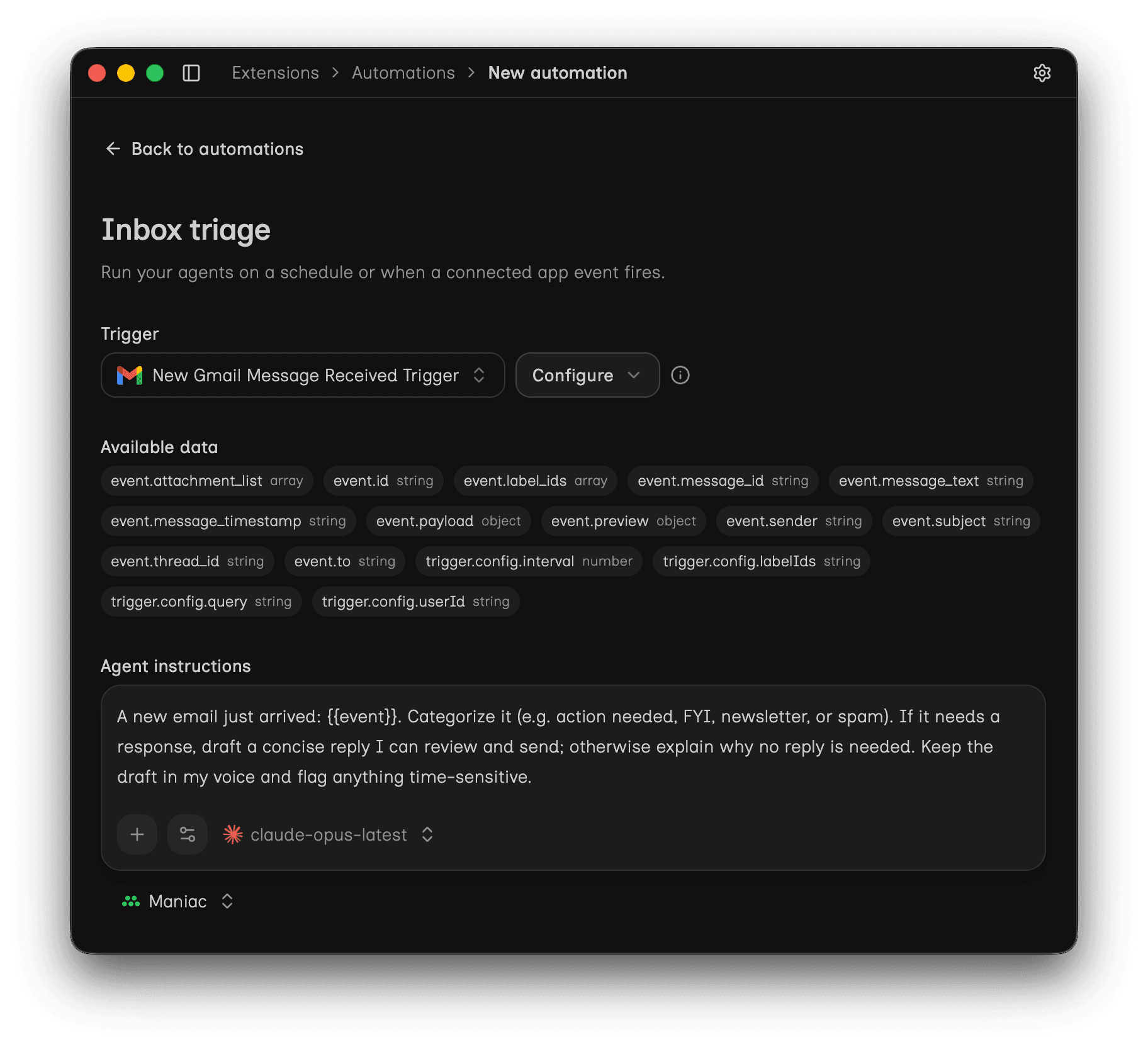 The Maniac desktop app scheduling recurring automations that run agent tasks on a timer.