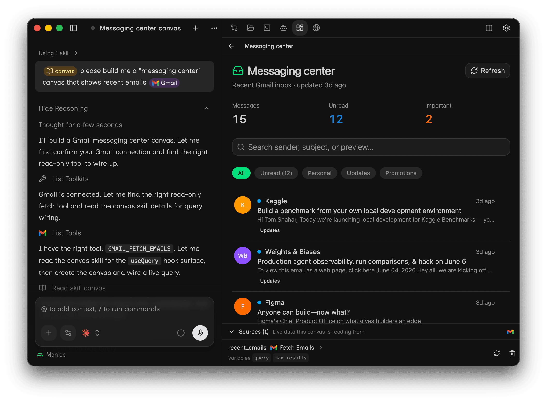 The Maniac desktop app showing a live interactive canvas rendered beside a chat conversation.