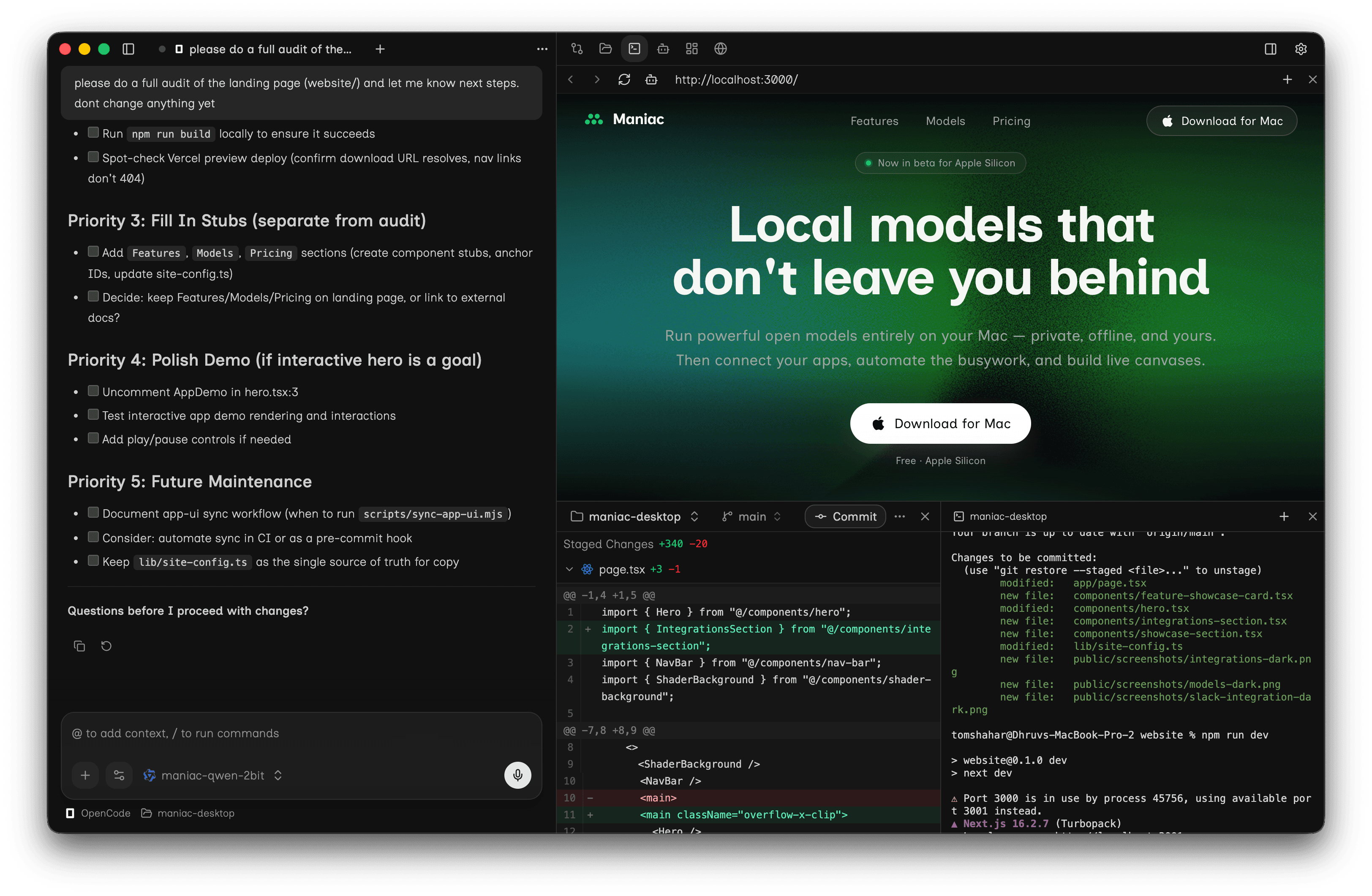 The Maniac desktop app running coding agents like Opencode, Codex, Claude Code, Hermes, Openclaw, Cursor, and Pi against local models.