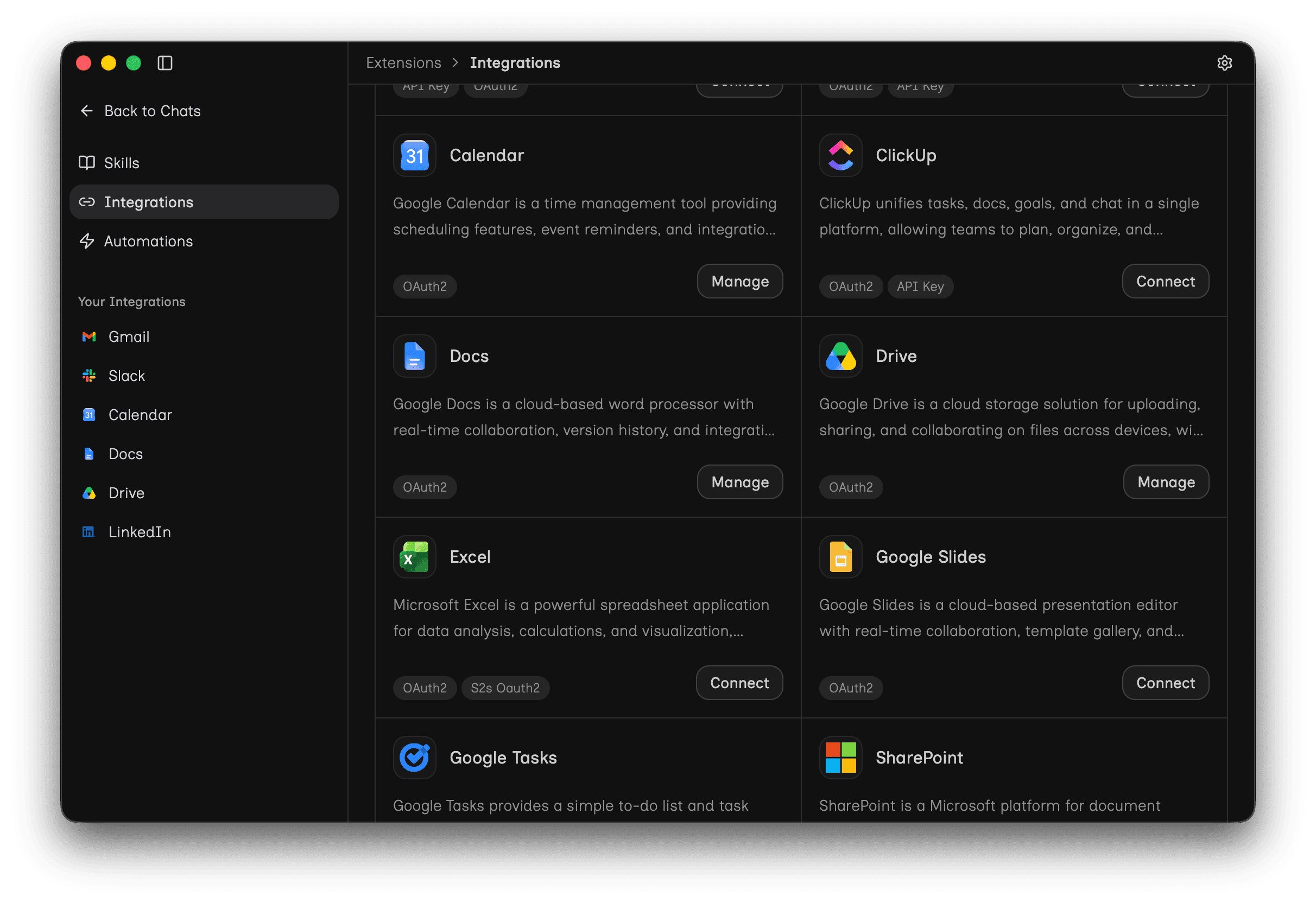 The Maniac desktop app connecting to integrations like Slack, Gmail, Calendar, and Notion.