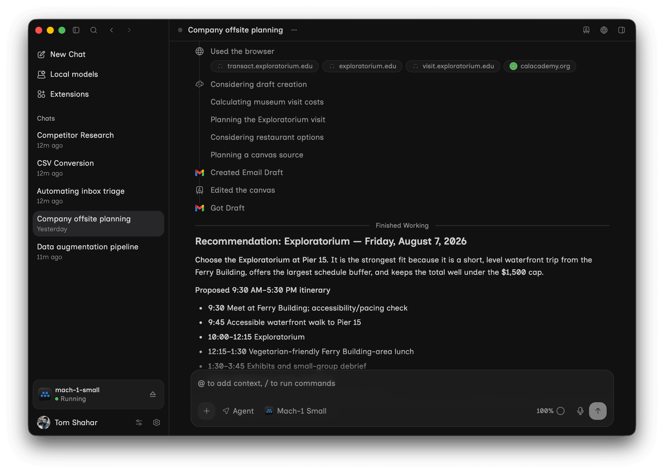 The desktop app running an agent task on a local model: computer use, connected apps, and scheduled automations, all on the Mac itself.
