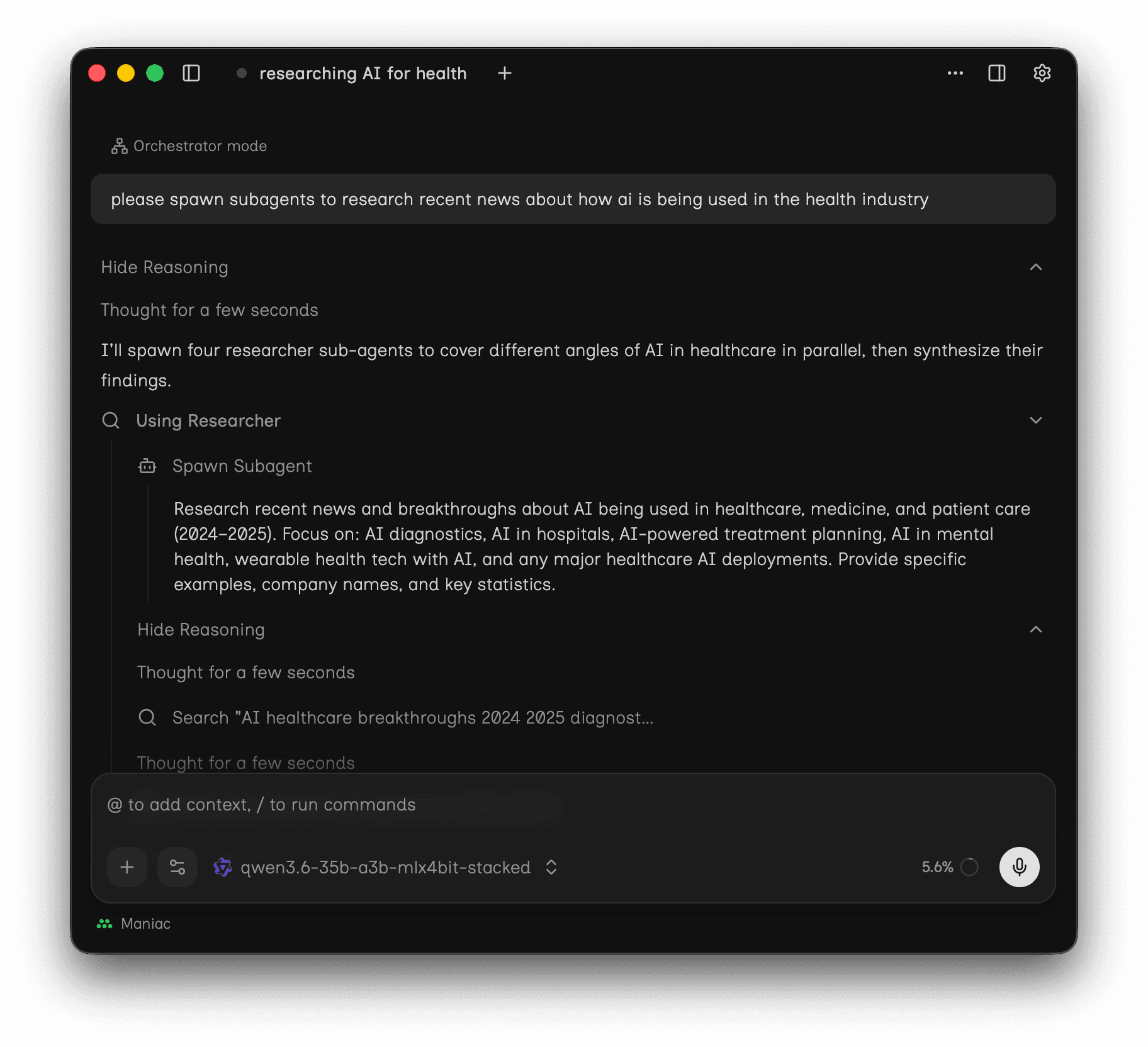 The Maniac desktop app running orchestrator mode, delegating work to background sub-agents.