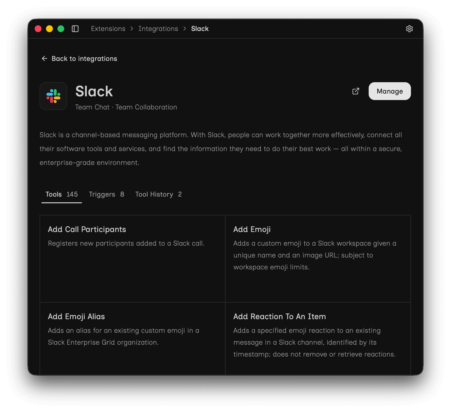 A Maniac chat drafting and sending a Slack message through the Slack integration.